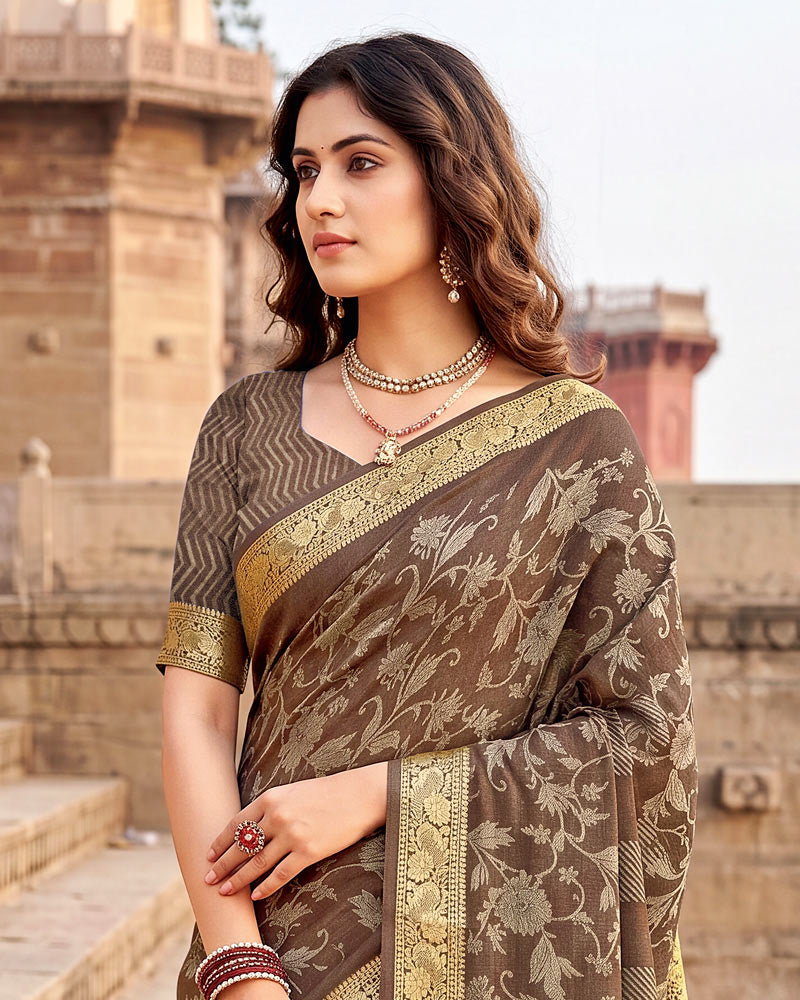 Vishal Prints Tobacco Brown Digital Print Criva Moss Saree With Zari Weaving