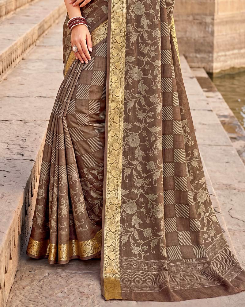 Vishal Prints Tobacco Brown Digital Print Criva Moss Saree With Zari Weaving