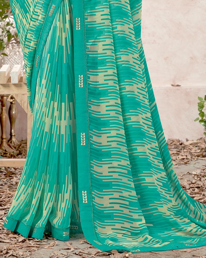 Vishal Prints Teal Blue Printed Georgette Saree With Fancy Border