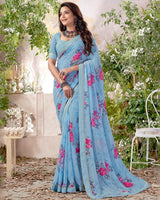 Vishal Prints Pastel Blue Printed Georgette Saree With Fancy Border