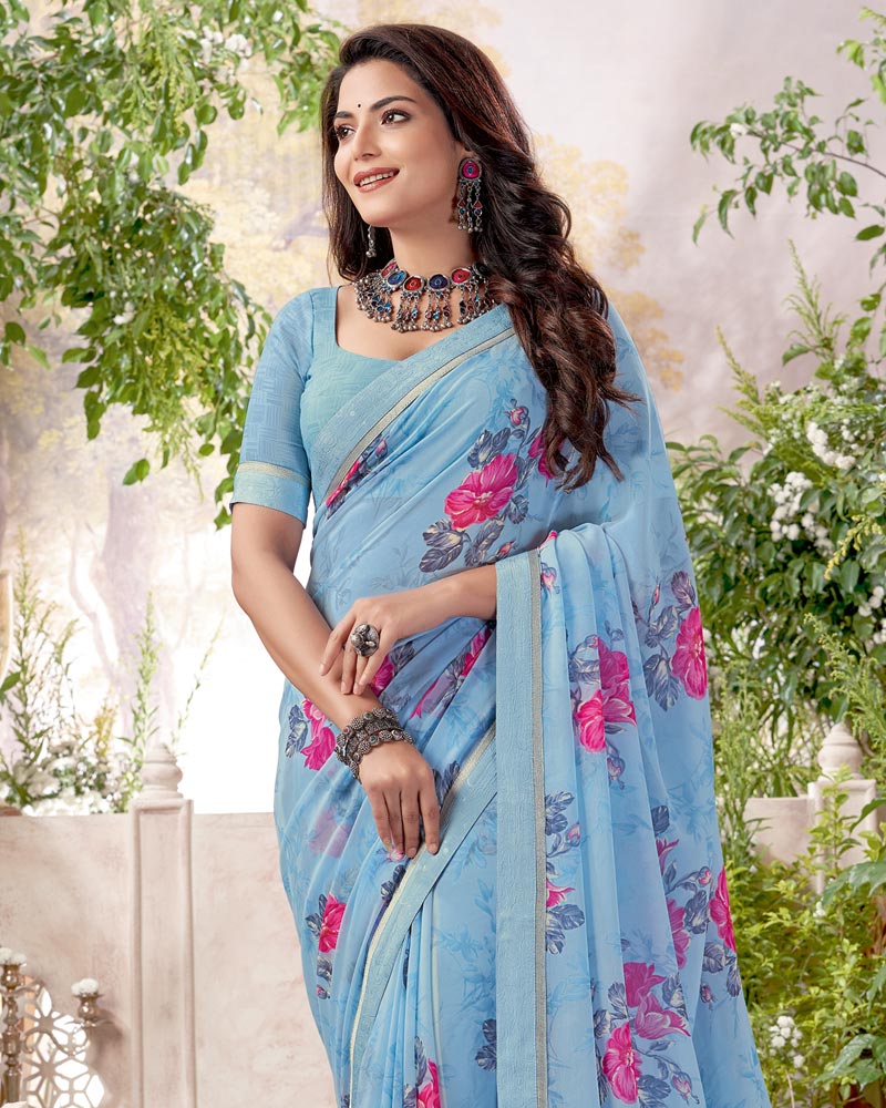 Vishal Prints Pastel Blue Printed Georgette Saree With Fancy Border