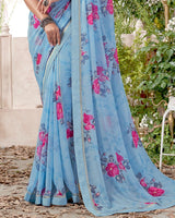 Vishal Prints Pastel Blue Printed Georgette Saree With Fancy Border