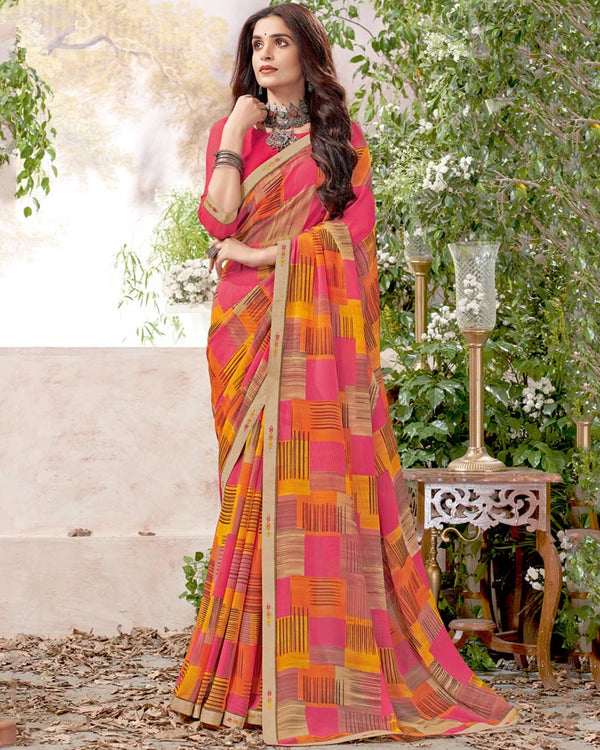 Vishal Prints Red Pink Printed Georgette Saree With Fancy Border