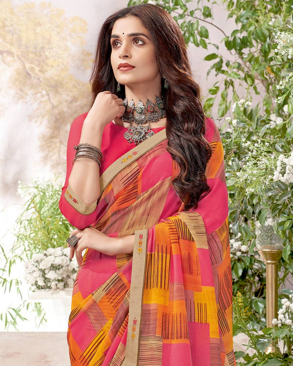 Vishal Prints Red Pink Printed Georgette Saree With Fancy Border