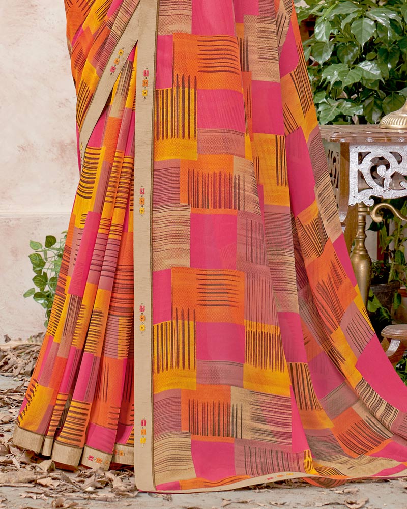 Vishal Prints Red Pink Printed Georgette Saree With Fancy Border