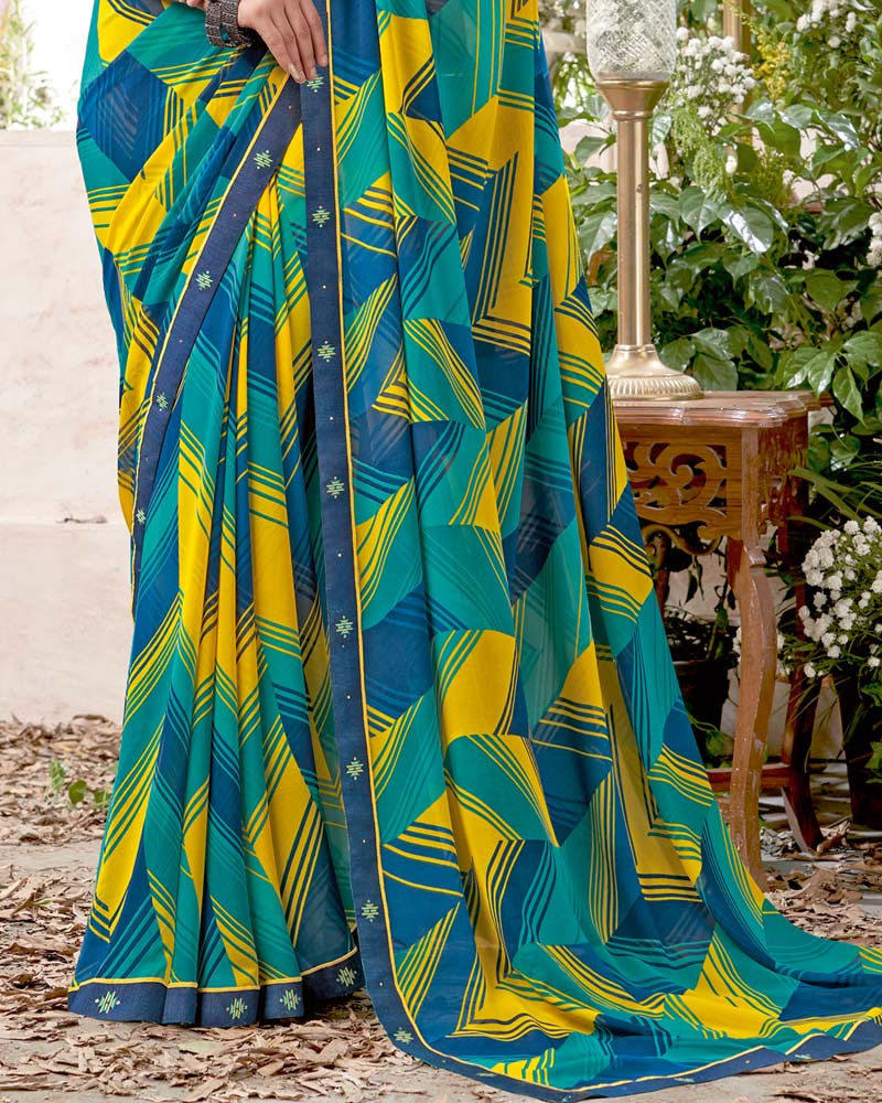Vishal Prints Teal Blue Printed Georgette Saree With Fancy Border
