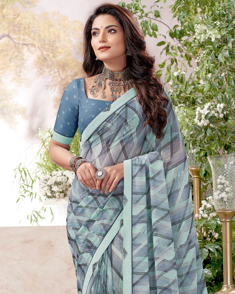 Vishal Prints Opal Blue Printed Georgette Saree With Fancy Border