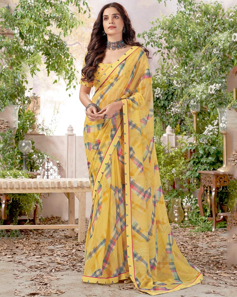 Vishal Prints Light Mustard Printed Georgette Saree With Fancy Border