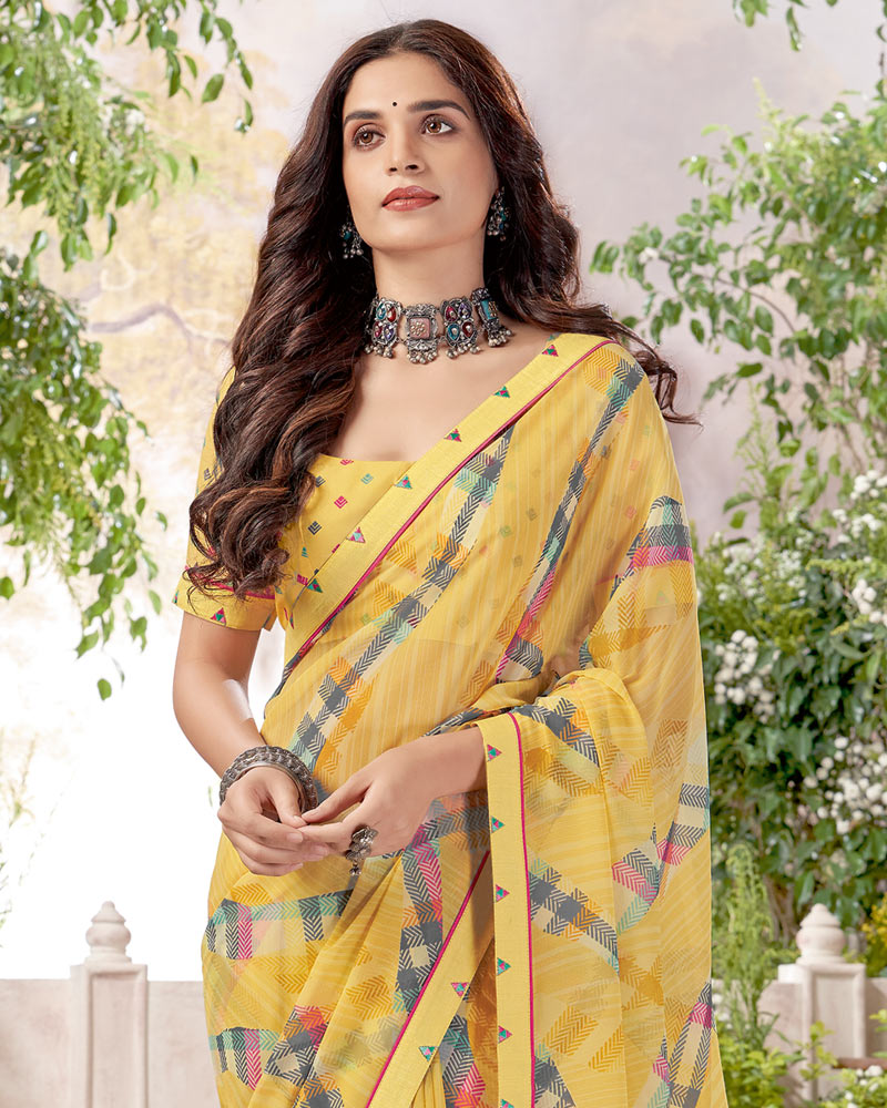 Vishal Prints Light Mustard Printed Georgette Saree With Fancy Border