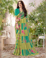 Vishal Prints Light Mehandi Green Printed Georgette Saree With Fancy Border