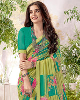 Vishal Prints Light Mehandi Green Printed Georgette Saree With Fancy Border
