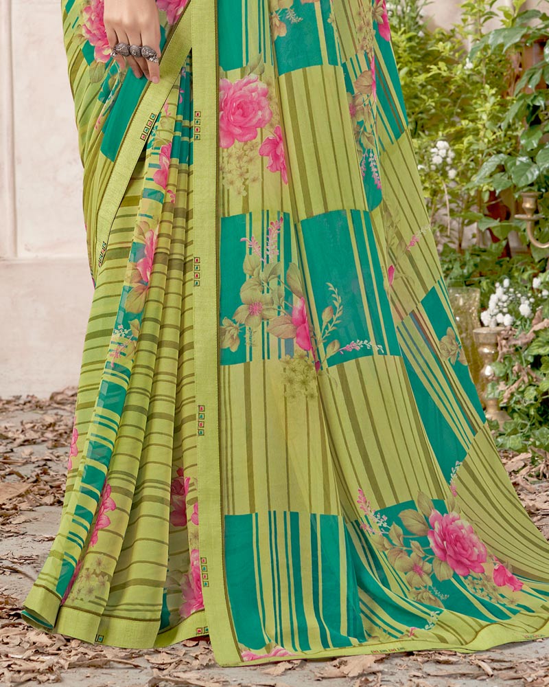 Vishal Prints Light Mehandi Green Printed Georgette Saree With Fancy Border