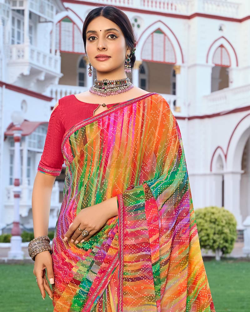 Vishal Prints Peachy Pink Digital Printed Georgette Saree With Fancy Border