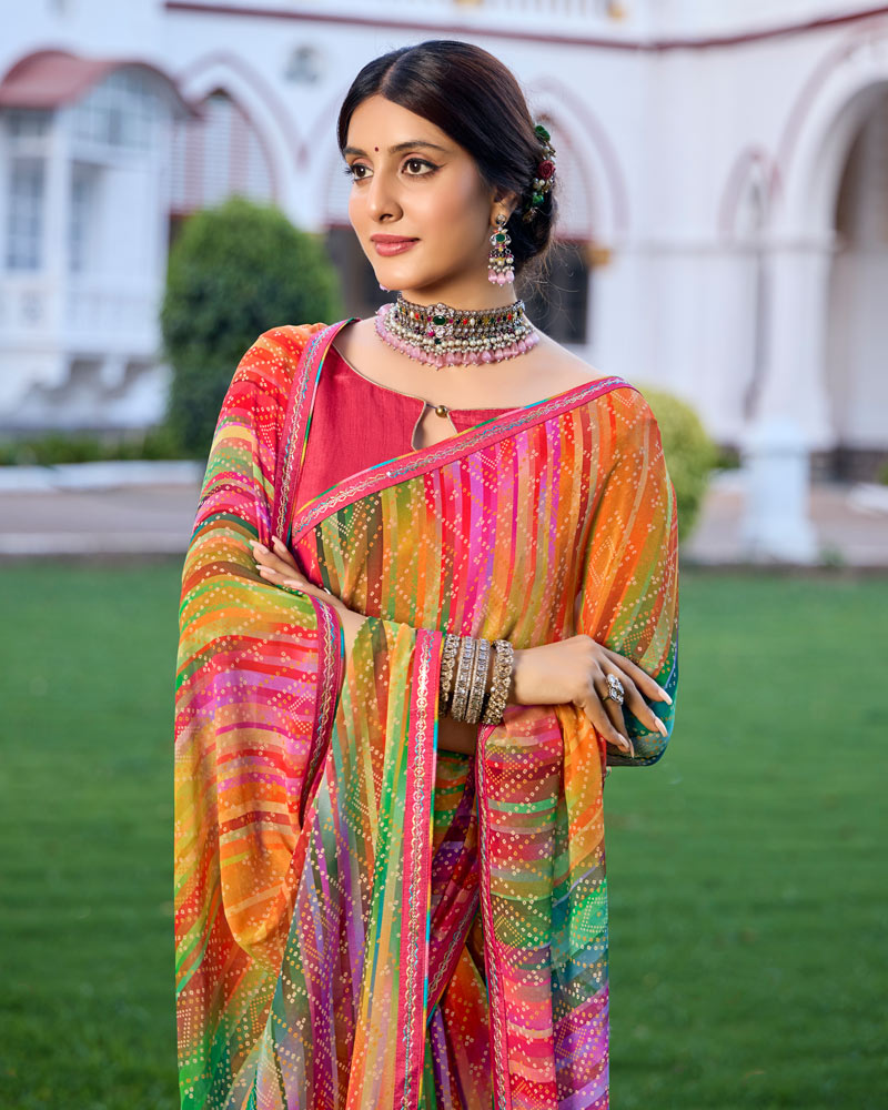 Vishal Prints Peachy Pink Digital Printed Georgette Saree With Fancy Border