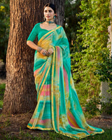 Vishal Prints Persian Green Digital Printed Georgette Saree With Fancy Border