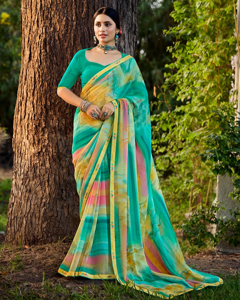 Vishal Prints Persian Green Digital Printed Georgette Saree With Fancy Border