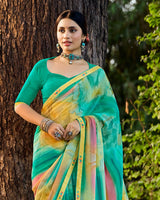 Vishal Prints Persian Green Digital Printed Georgette Saree With Fancy Border