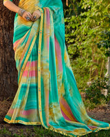 Vishal Prints Persian Green Digital Printed Georgette Saree With Fancy Border