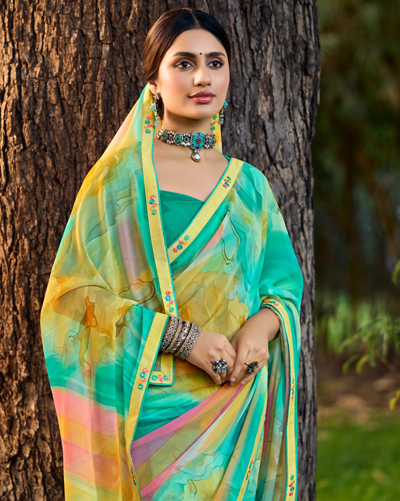 Vishal Prints Persian Green Digital Printed Georgette Saree With Fancy Border