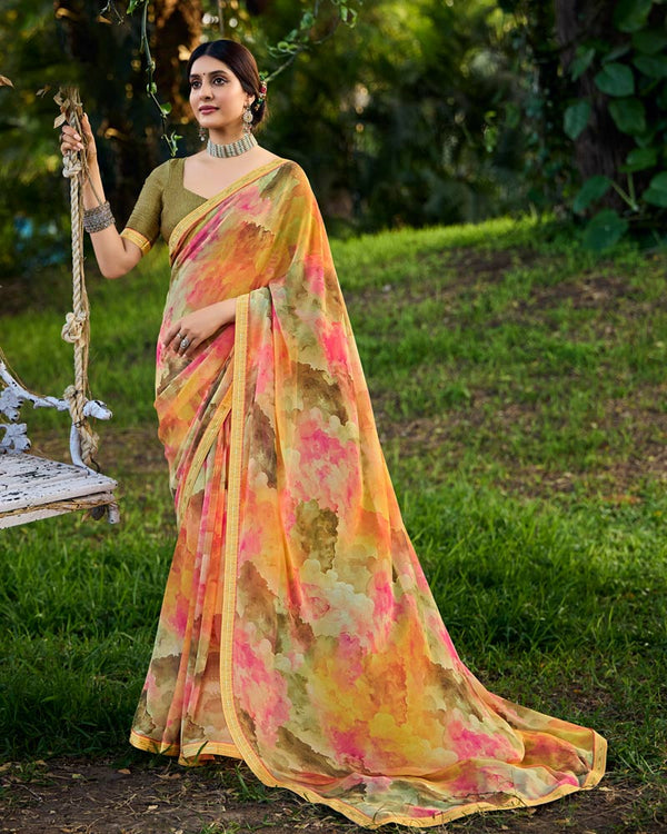 Vishal Prints Pinkish Tan Digital Printed Georgette Saree With Fancy Border