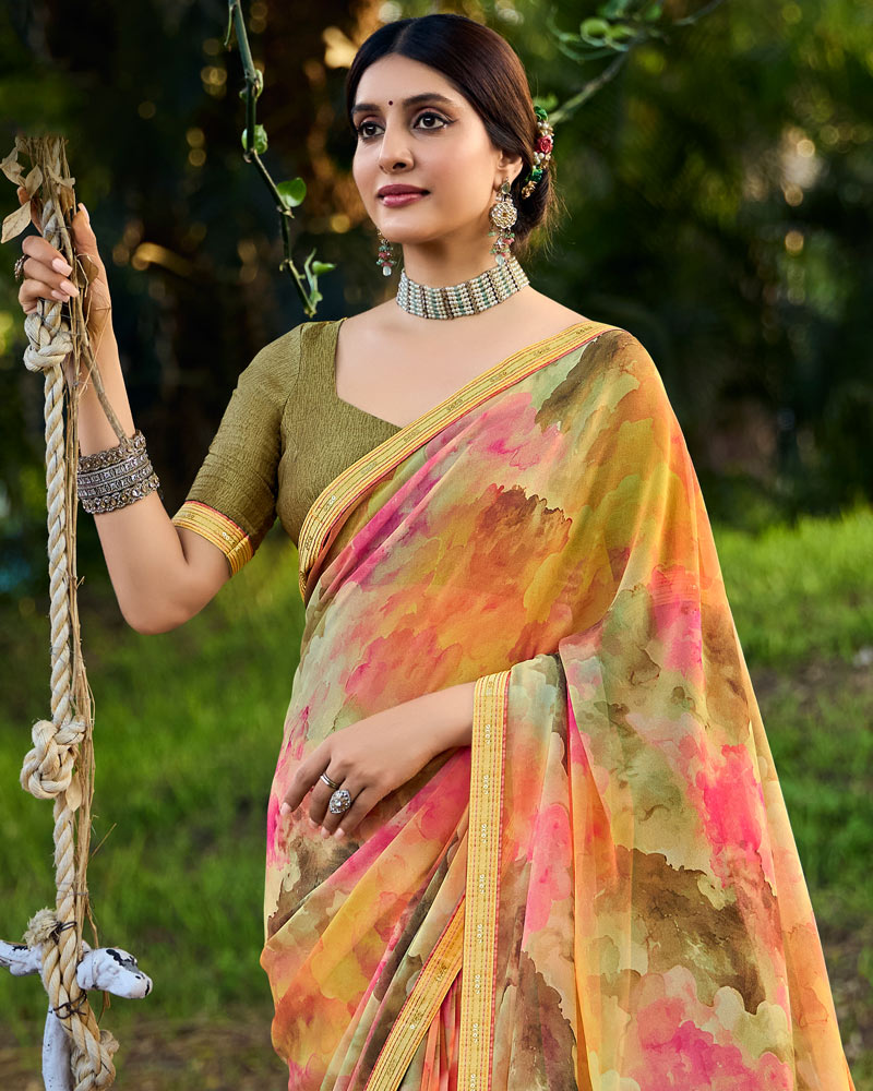 Vishal Prints Pinkish Tan Digital Printed Georgette Saree With Fancy Border