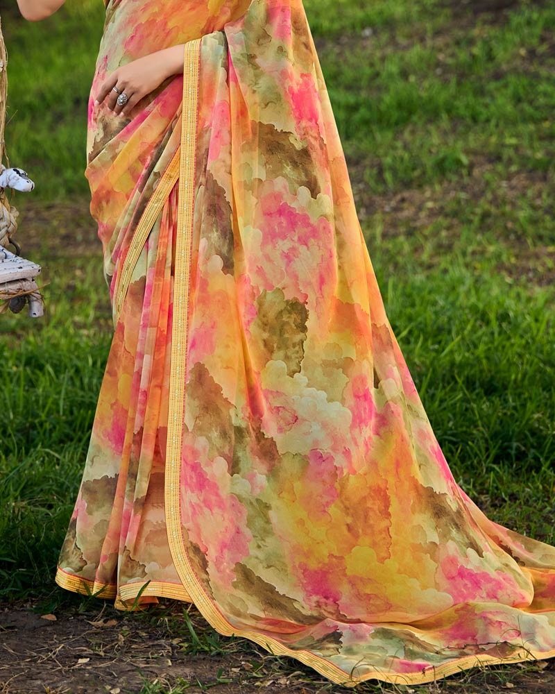 Vishal Prints Pinkish Tan Digital Printed Georgette Saree With Fancy Border