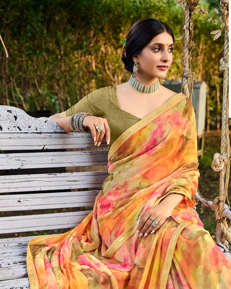 Vishal Prints Pinkish Tan Digital Printed Georgette Saree With Fancy Border