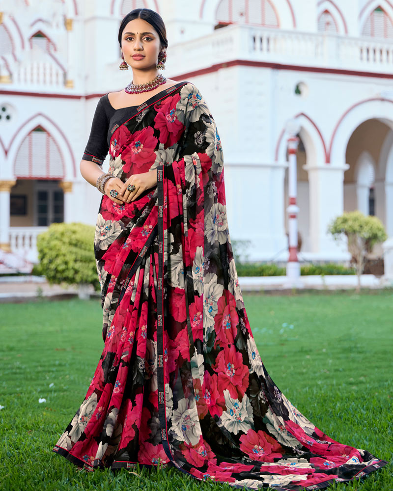 Vishal Prints Black Digital Printed Georgette Saree With Fancy Border