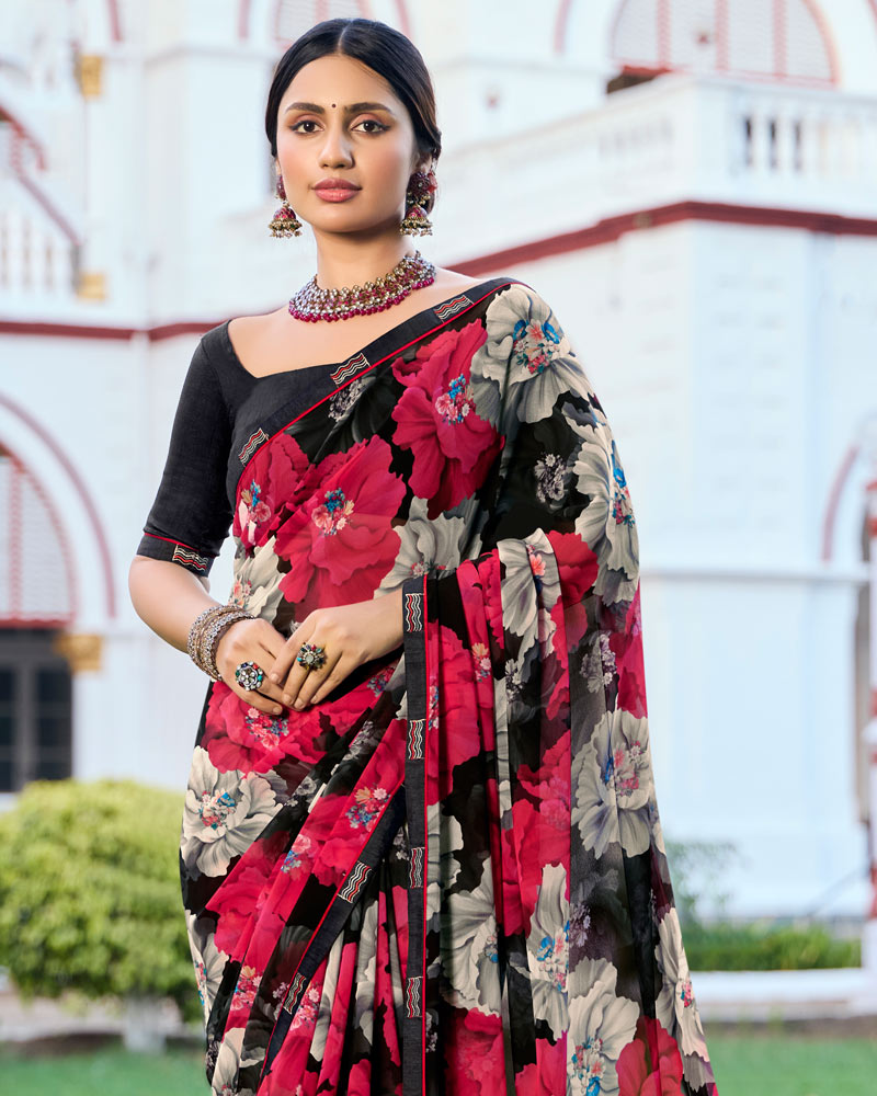 Vishal Prints Black Digital Printed Georgette Saree With Fancy Border