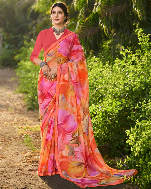 Vishal Prints Sunset Orange Digital Printed Georgette Saree With Fancy Border