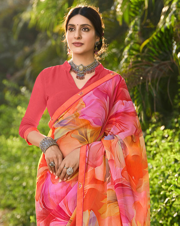 Vishal Prints Sunset Orange Digital Printed Georgette Saree With Fancy Border