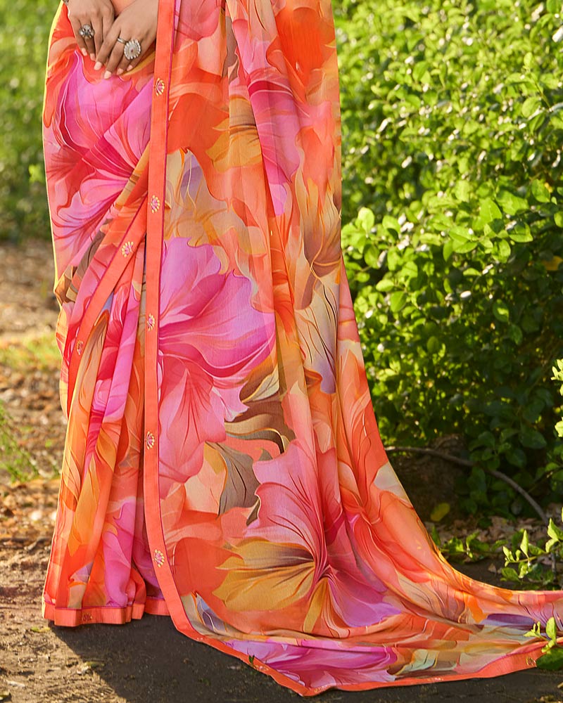 Vishal Prints Sunset Orange Digital Printed Georgette Saree With Fancy Border
