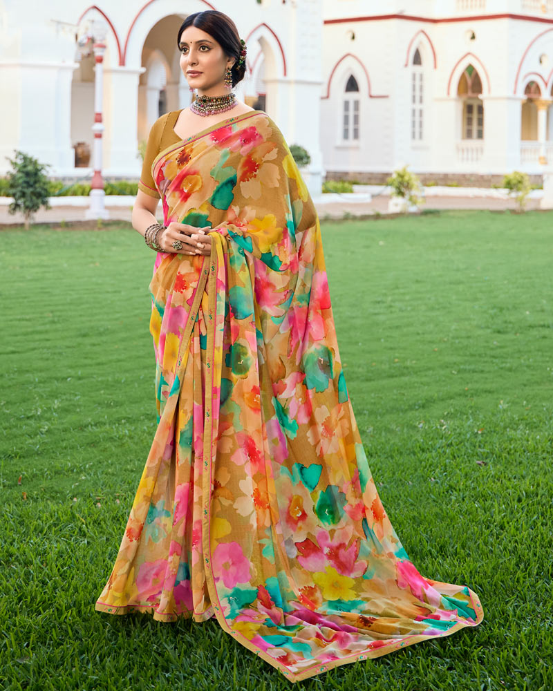 Vishal Prints Persian Orange Digital Printed Georgette Saree With Fancy Border