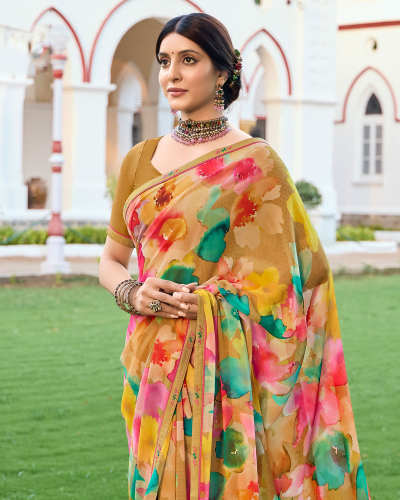 Vishal Prints Persian Orange Digital Printed Georgette Saree With Fancy Border