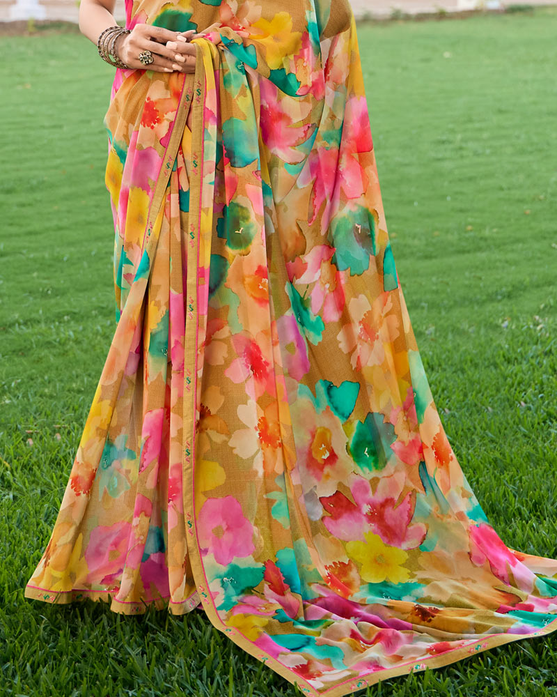 Vishal Prints Persian Orange Digital Printed Georgette Saree With Fancy Border