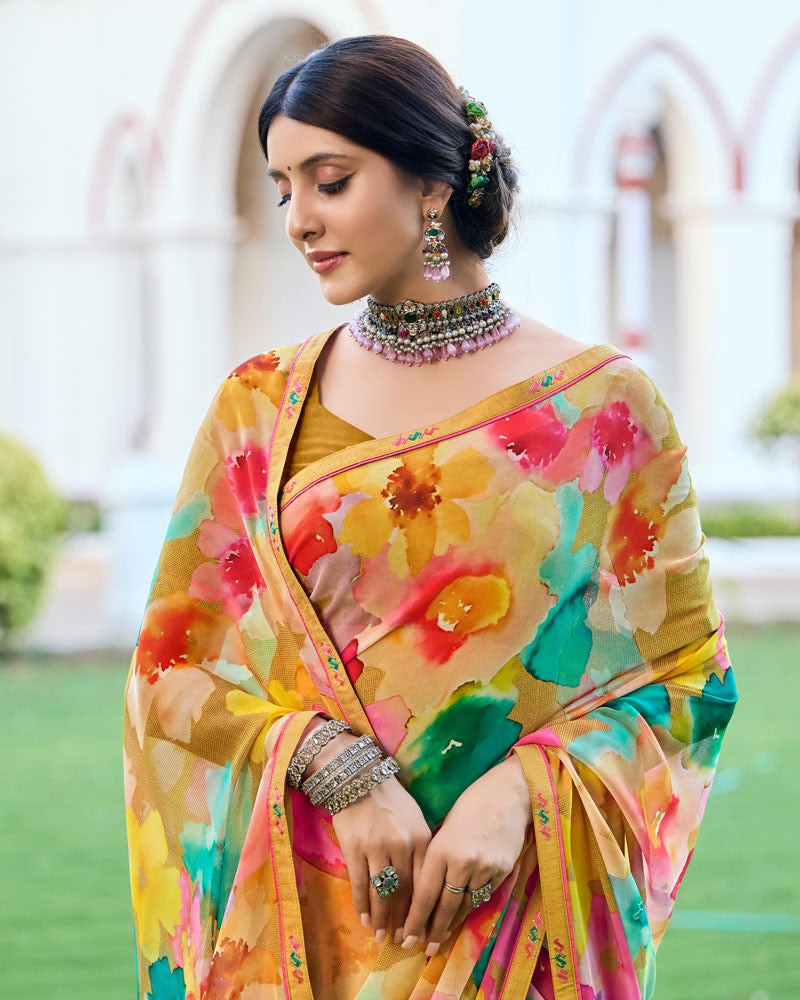 Vishal Prints Persian Orange Digital Printed Georgette Saree With Fancy Border