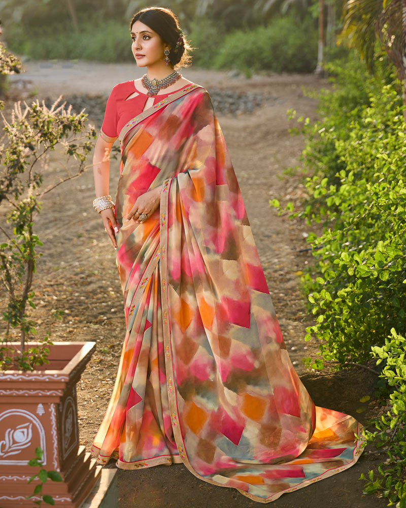 Vishal Prints Dusty Pink Digital Printed Georgette Saree With Fancy Border