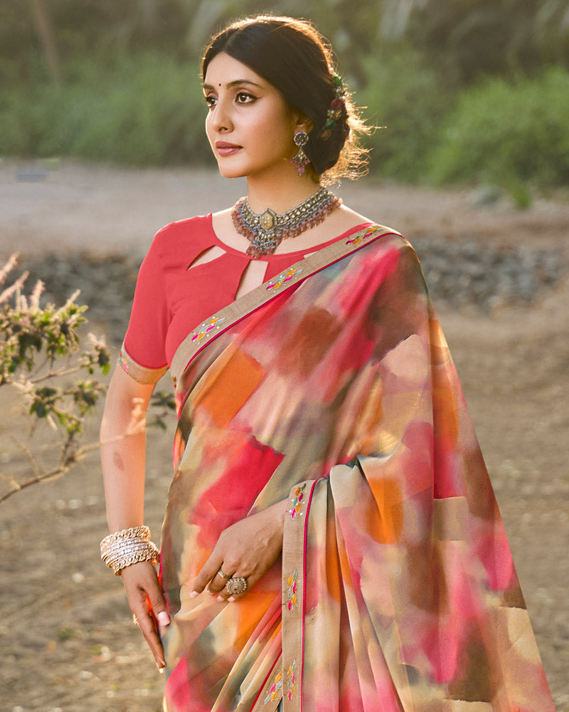 Vishal Prints Dusty Pink Digital Printed Georgette Saree With Fancy Border