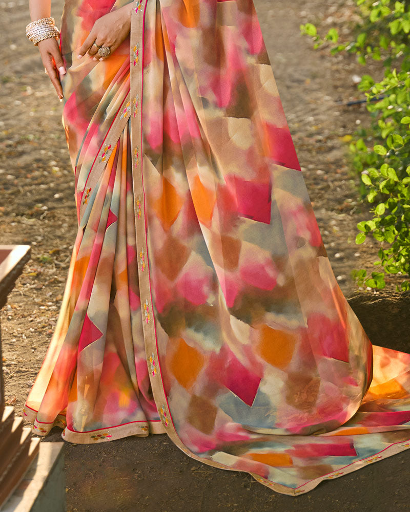 Vishal Prints Dusty Pink Digital Printed Georgette Saree With Fancy Border