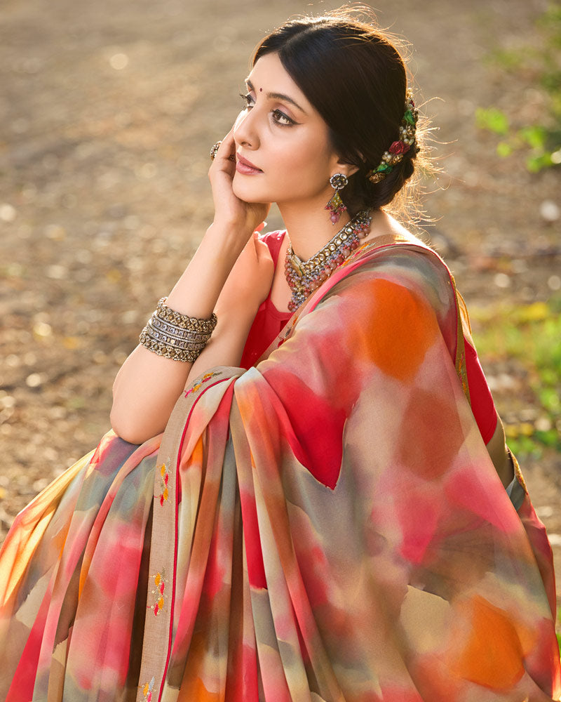 Vishal Prints Dusty Pink Digital Printed Georgette Saree With Fancy Border