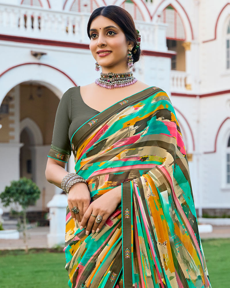 Vishal Prints Teal Green Digital Printed Georgette Saree With Fancy Border