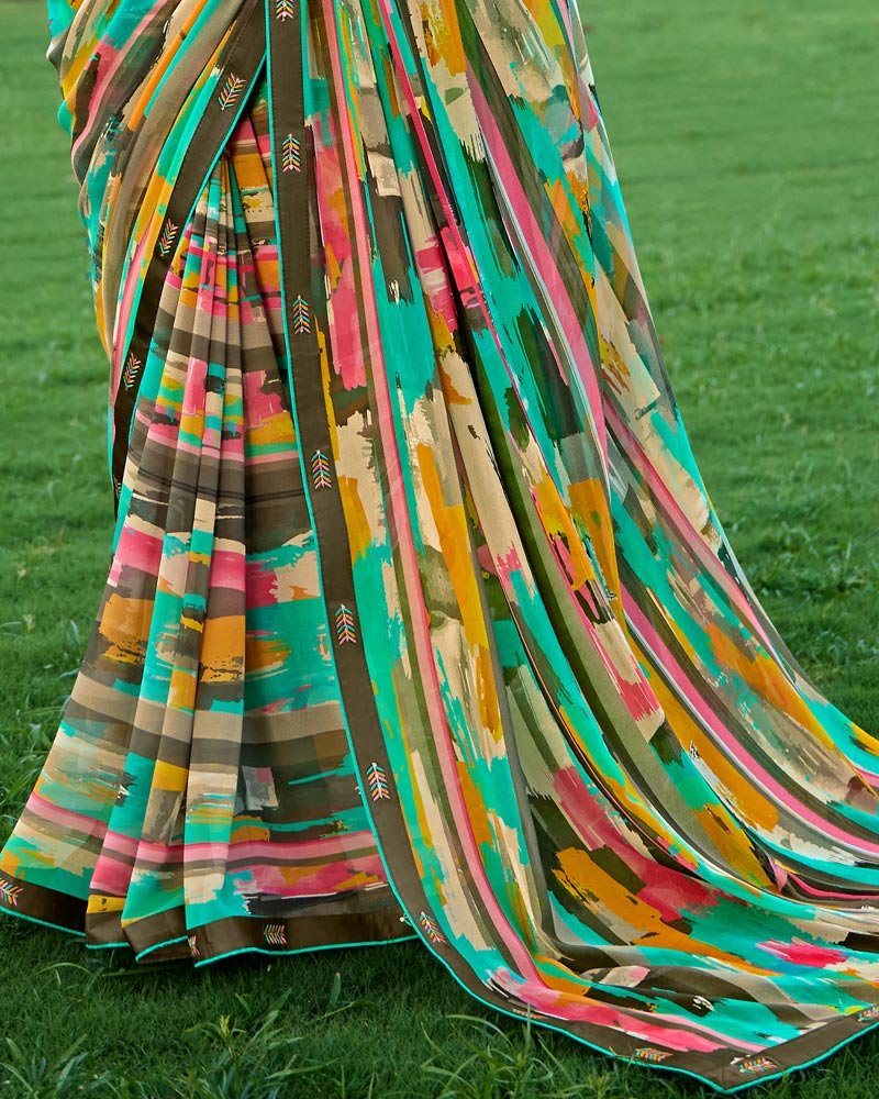 Vishal Prints Teal Green Digital Printed Georgette Saree With Fancy Border