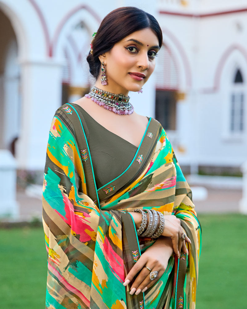 Vishal Prints Teal Green Digital Printed Georgette Saree With Fancy Border