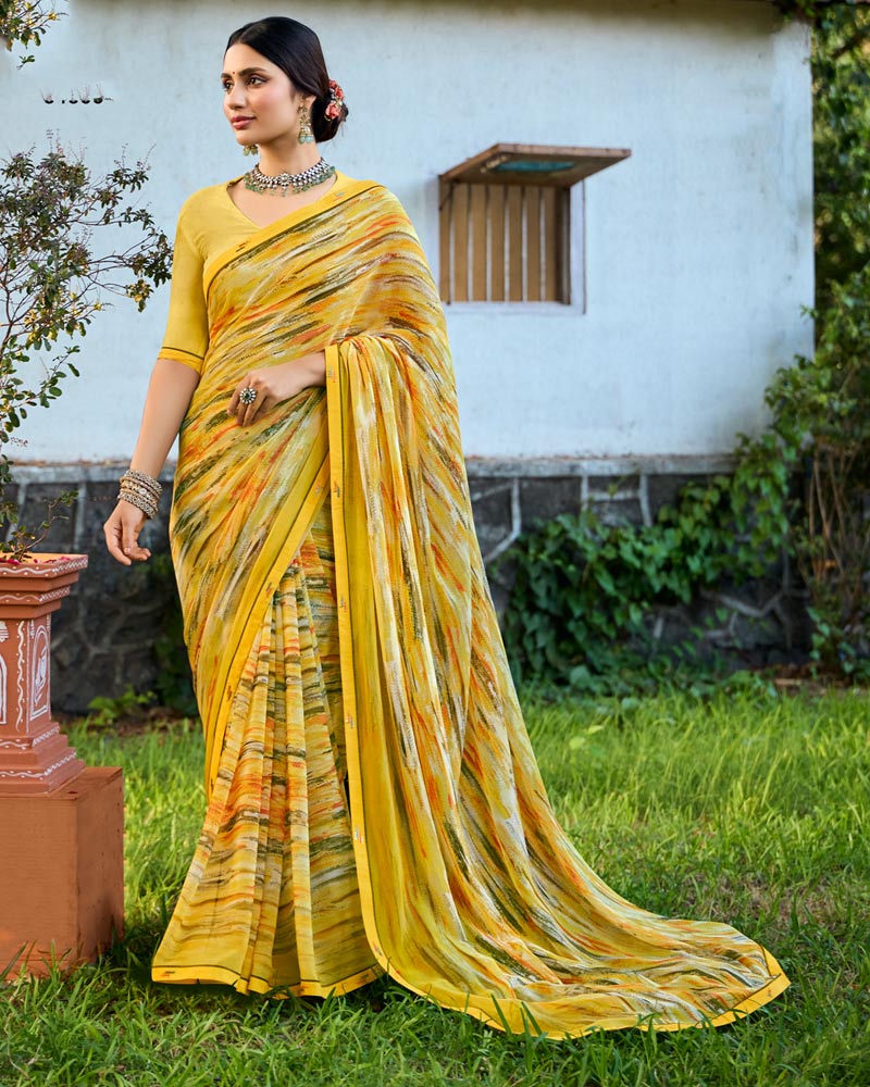 Vishal Prints Yellow Ochre Digital Printed Georgette Saree With Fancy Border