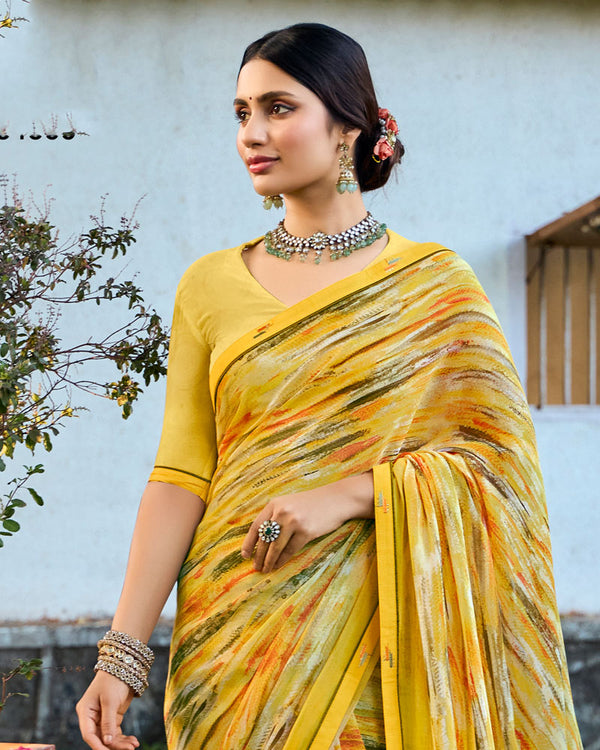 Vishal Prints Yellow Ochre Digital Printed Georgette Saree With Fancy Border