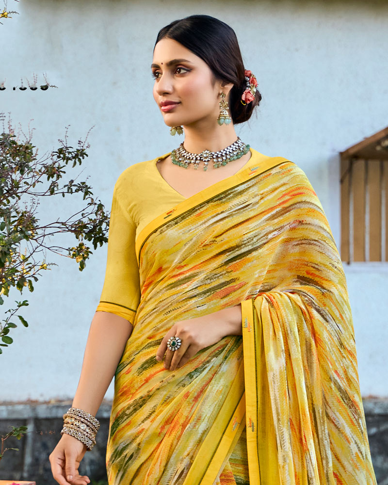Vishal Prints Yellow Ochre Digital Printed Georgette Saree With Fancy Border