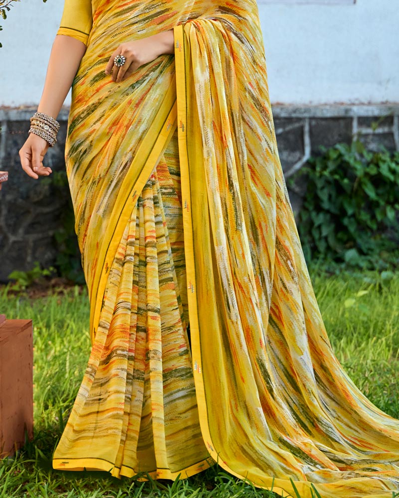 Vishal Prints Yellow Ochre Digital Printed Georgette Saree With Fancy Border