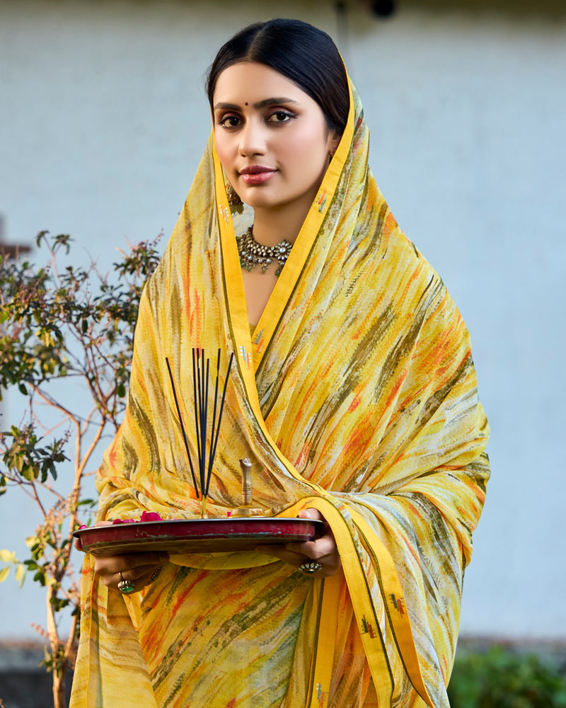 Vishal Prints Yellow Ochre Digital Printed Georgette Saree With Fancy Border