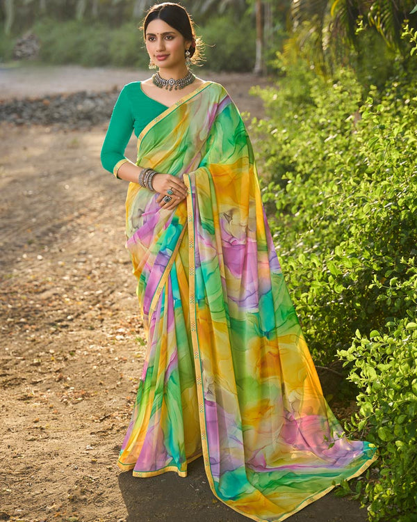 Vishal Prints Fern Green Digital Printed Georgette Saree With Fancy Border