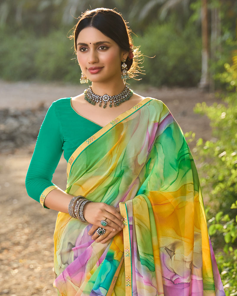 Vishal Prints Fern Green Digital Printed Georgette Saree With Fancy Border